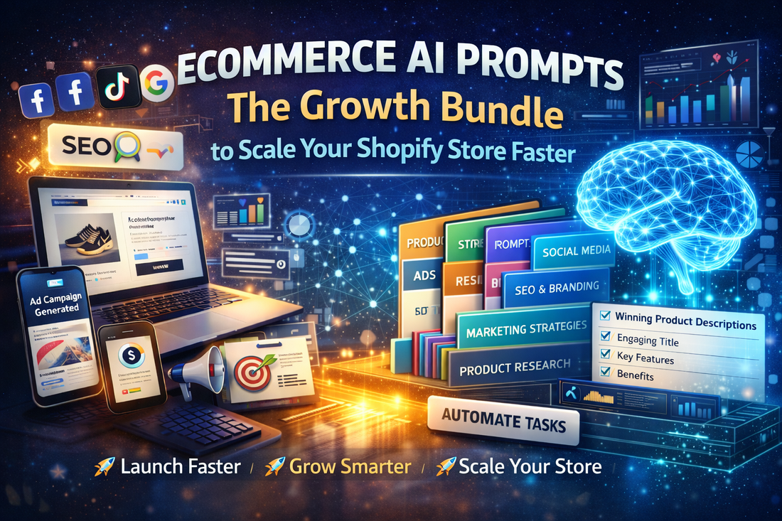 ecommerce AI prompts growth bundle for Shopify store scaling, featuring marketing automation, SEO optimization, product ads, and AI business tools