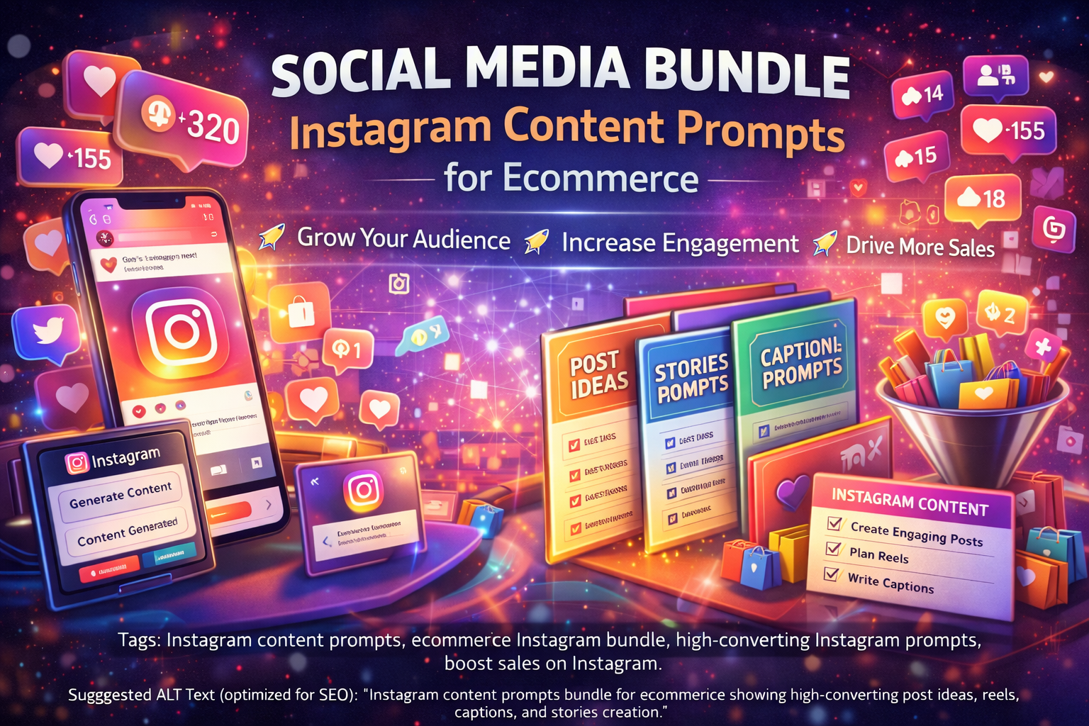 Instagram content prompts bundle for ecommerce showing high-converting post ideas, reels, captions, and social media marketing automation to grow audience and increase sales