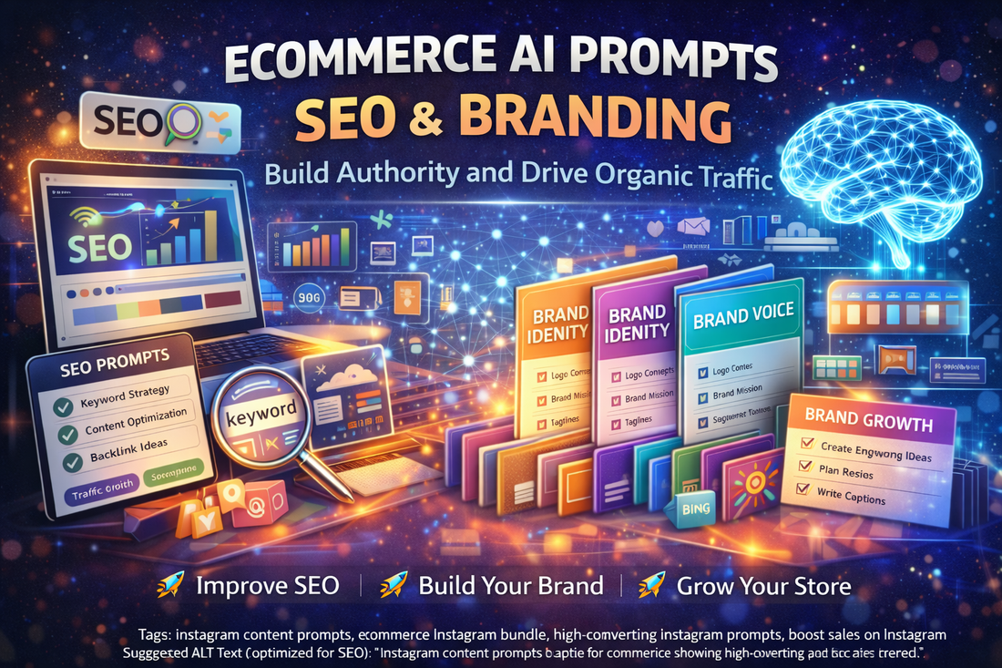 ecommerce SEO and branding AI prompts bundle showing keyword research, brand identity development, and organic traffic growth strategy for Shopify stores