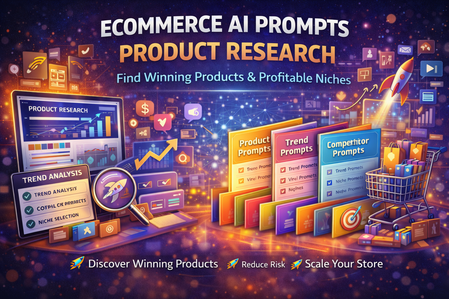  ecommerce AI product research prompts showing winning product discovery, trend analysis, competitor research, and profitable niche selection for Shopify stores