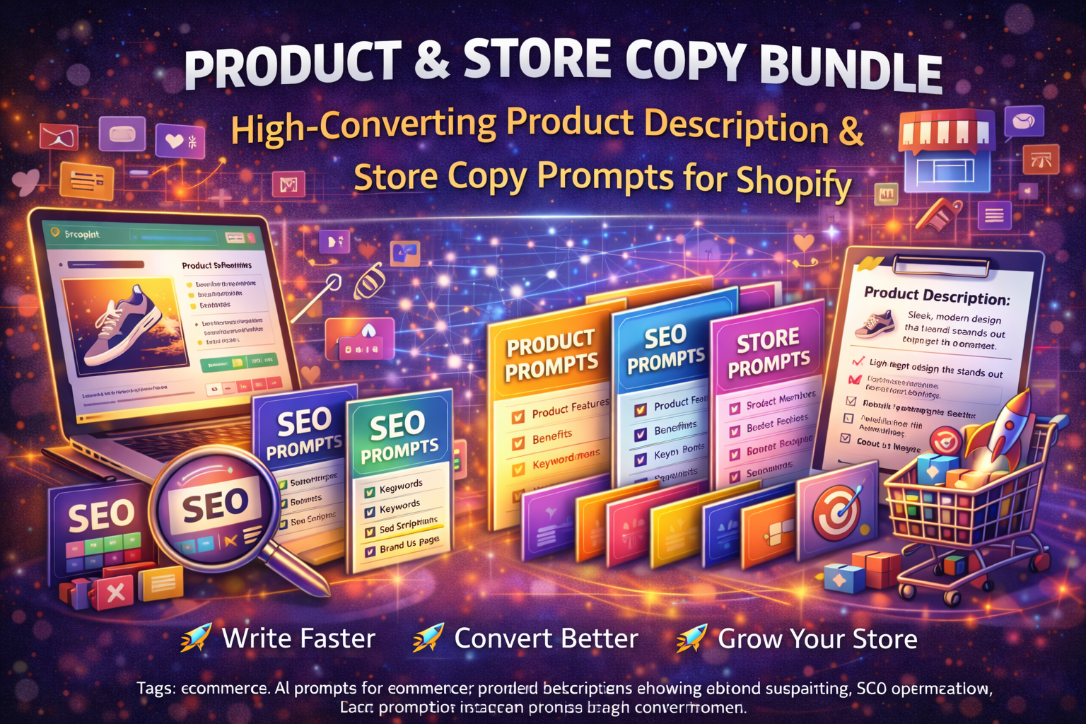  ecommerce AI prompts for product descriptions and Shopify store copy showing high-converting product pages, SEO optimization, and persuasive ecommerce copywriting tools