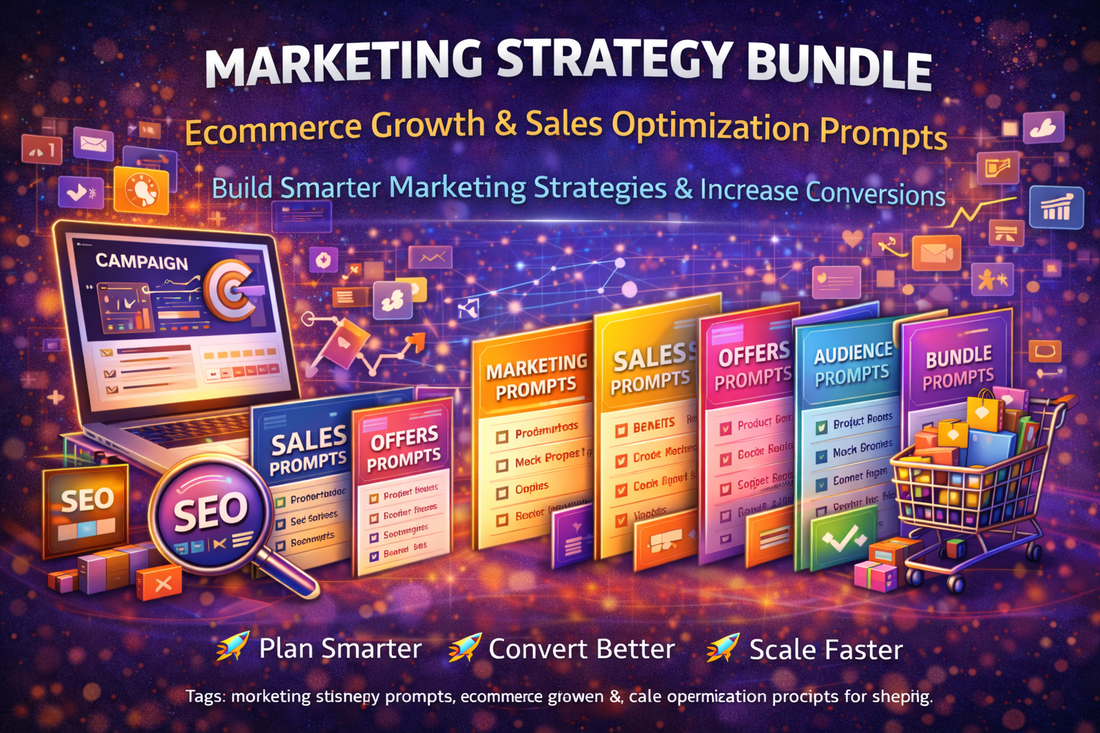 ecommerce AI marketing strategy prompts bundle showing audience targeting, sales optimization, offer creation, and conversion-focused marketing for Shopify stores