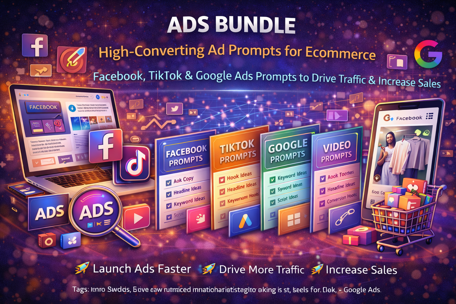  ecommerce AI ad prompts bundle for Facebook TikTok and Google Ads showing high-converting ad campaigns, video ads, traffic generation, and sales optimization for Shopify stores