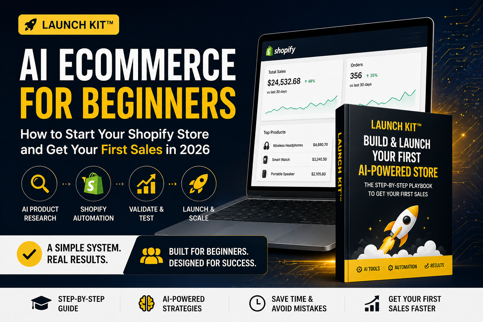 AI ecommerce for beginners banner showing Launch Kit Shopify automation system with laptop dashboard and first sales strategy