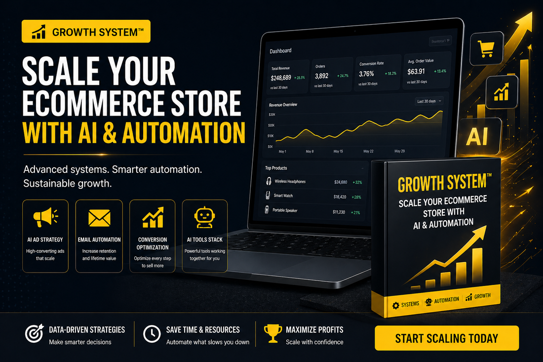 AI ecommerce automation system banner showing Growth System Shopify scaling strategy with ads email automation and conversion optimization