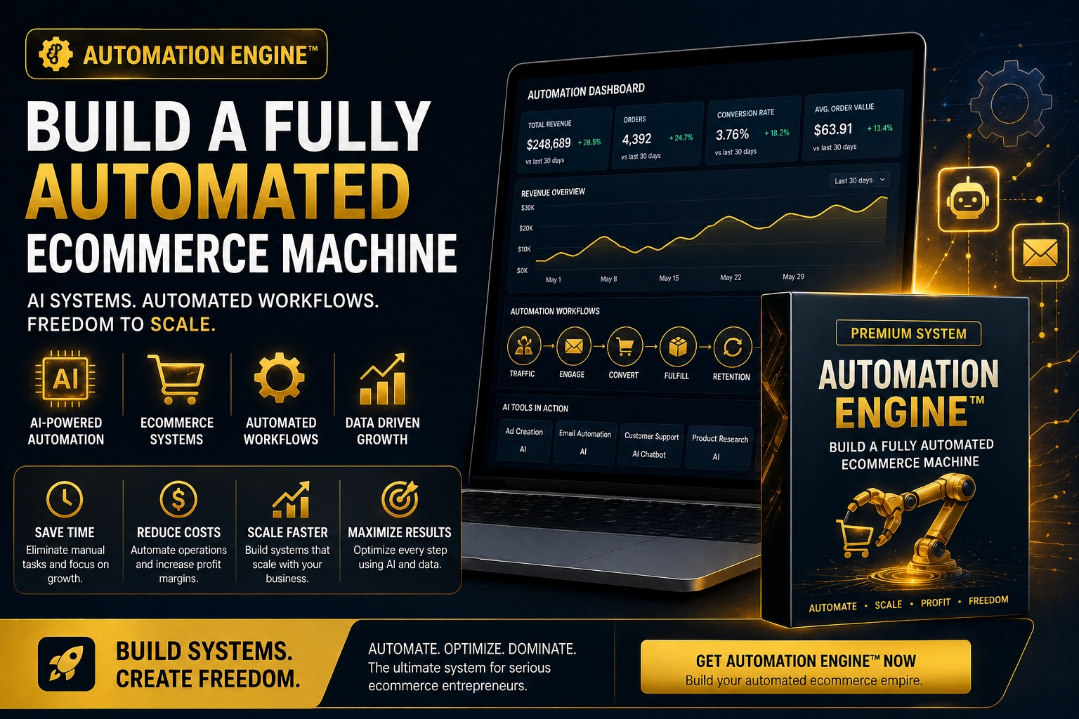 AI ecommerce automation system banner showing Automation Engine Shopify business automation workflow with marketing automation and scalable systems