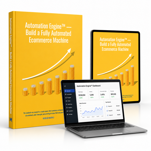 AI ecommerce automation system book mockup Automation Engine with laptop dashboard and tablet showing Shopify automation and sales analytics