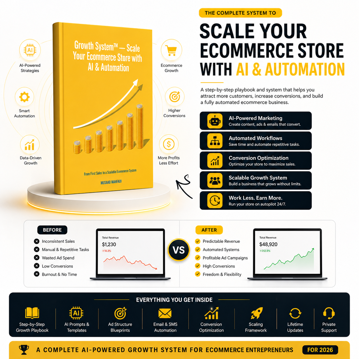 AI ecommerce automation system workflow diagram showing traffic store automation and sales with features for scaling Shopify business