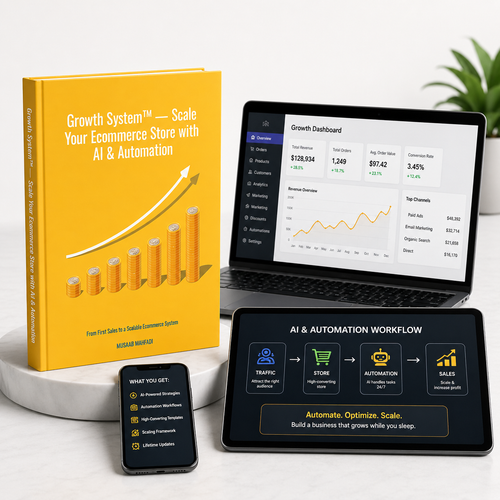 AI ecommerce growth system visual showing Growth System book with benefits icons and scalable Shopify automation strategy