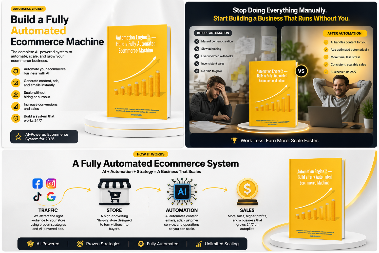 Automation Engine AI ecommerce system benefits showing automated marketing content ads email flows and scalable Shopify business growth