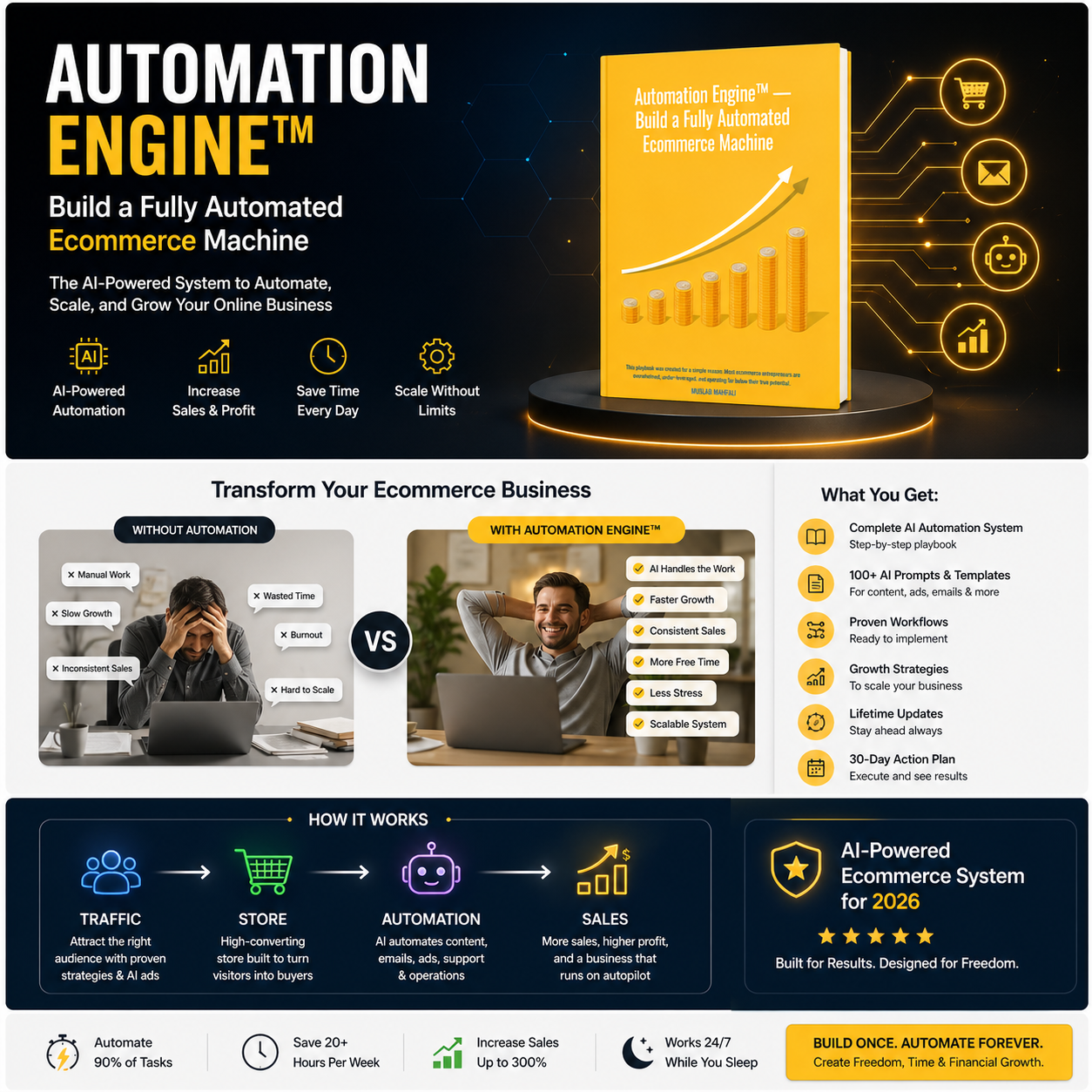 Ecommerce automation comparison before and after using AI system showing manual work vs automated Shopify business growth and increased sales