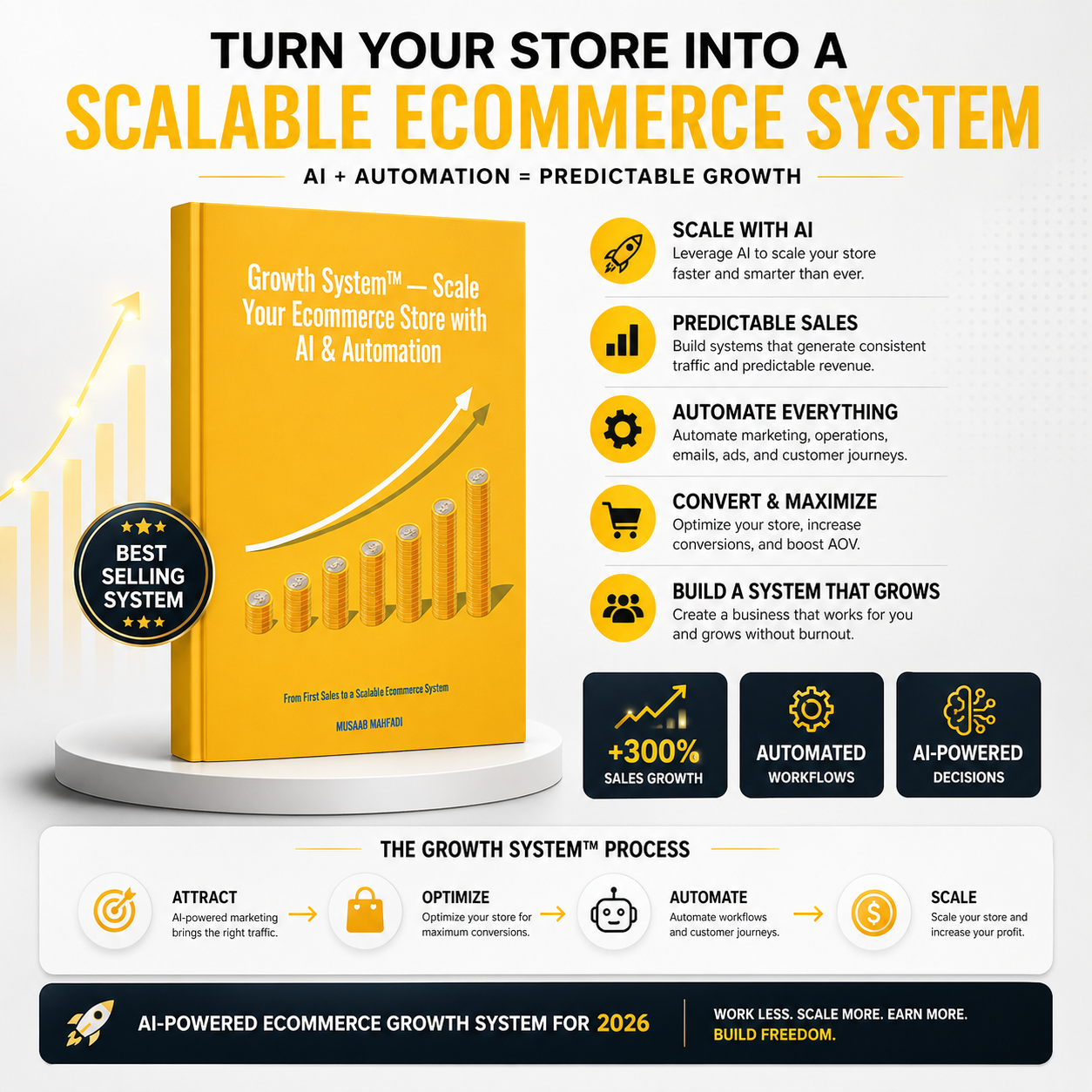 Ecommerce growth system infographic with AI automation features templates workflows and before after Shopify sales comparison