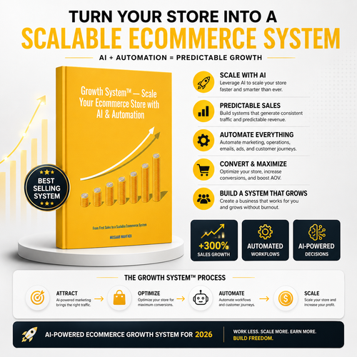 Ecommerce growth system infographic with AI automation features templates workflows and before after Shopify sales comparison