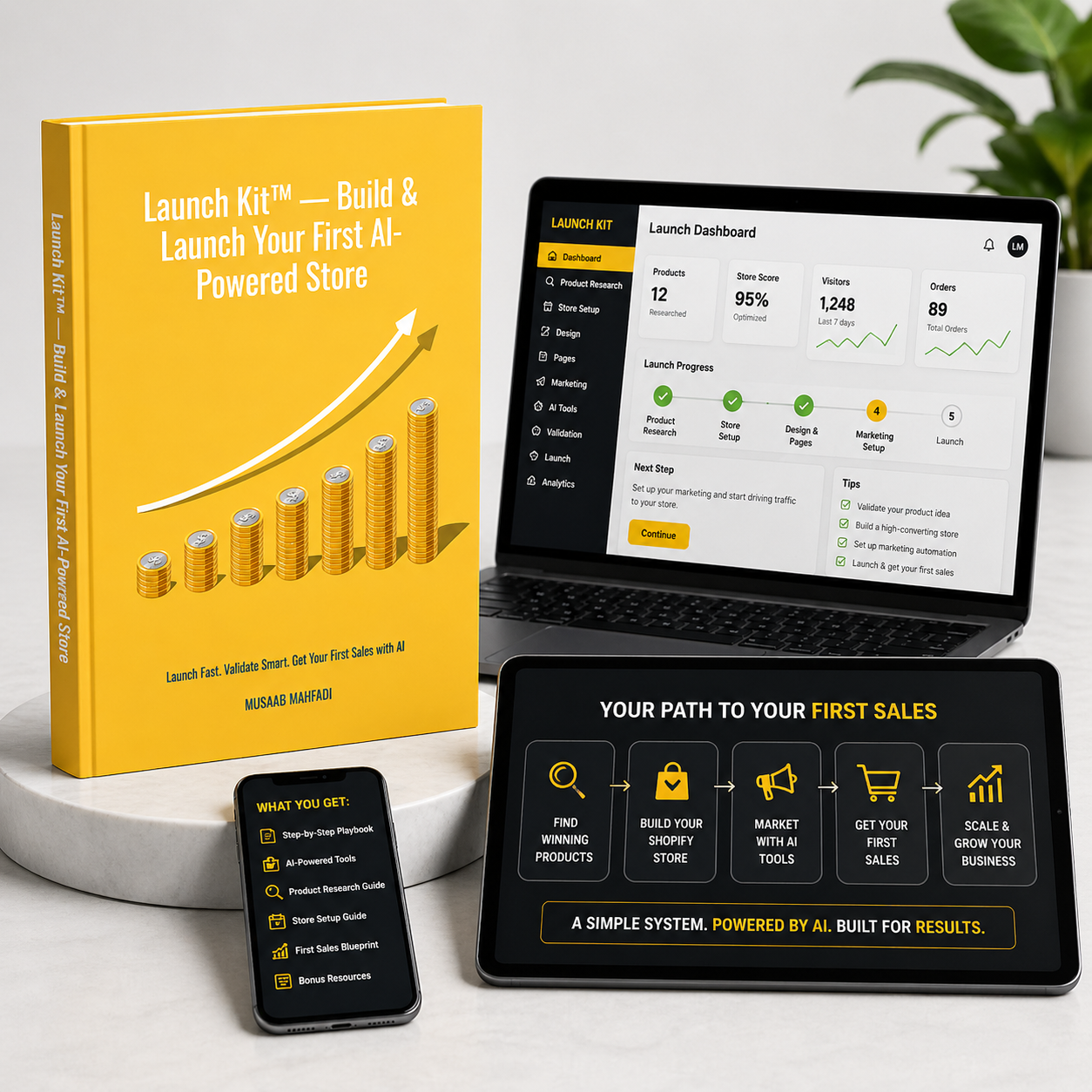 Launch Kit AI ecommerce automation system mockup showing 3D book with laptop dashboard and tablet workflow for Shopify store setup and first sales